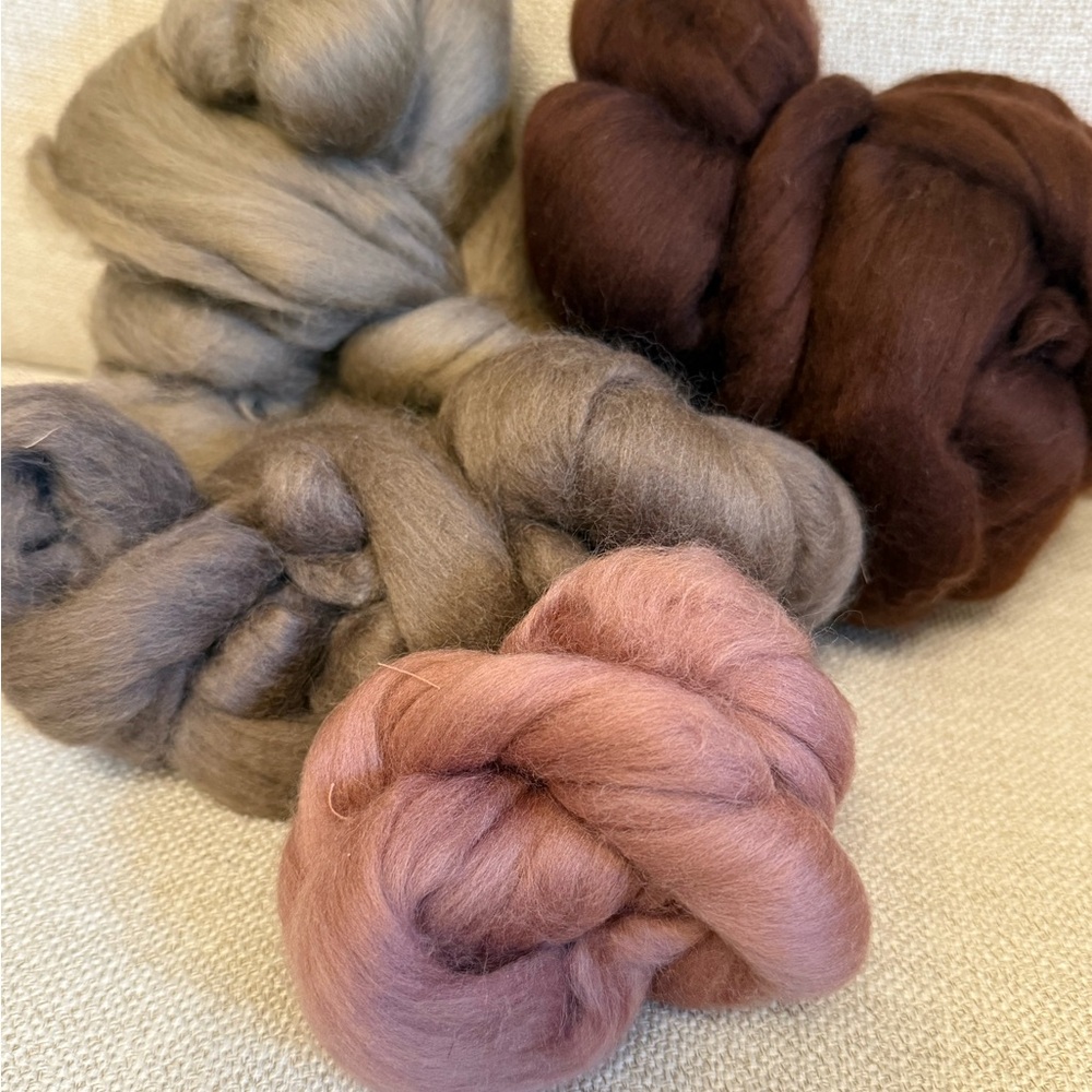 Soft Wool Roving Bundle in Blush, Light Brown, Chocolate, and Taupe.